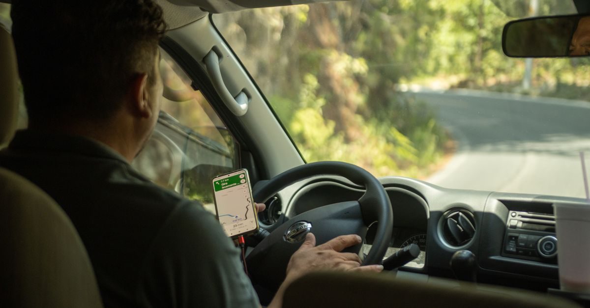 A driver holds a smartphone displaying a navigation map while driving along a sunny, tree-lined road