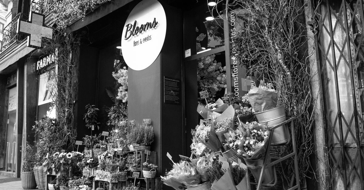 Façade d'une boutique de fleuriste avec des bouquets et des plantes exposés à l'extérieur dans une rue commerçante