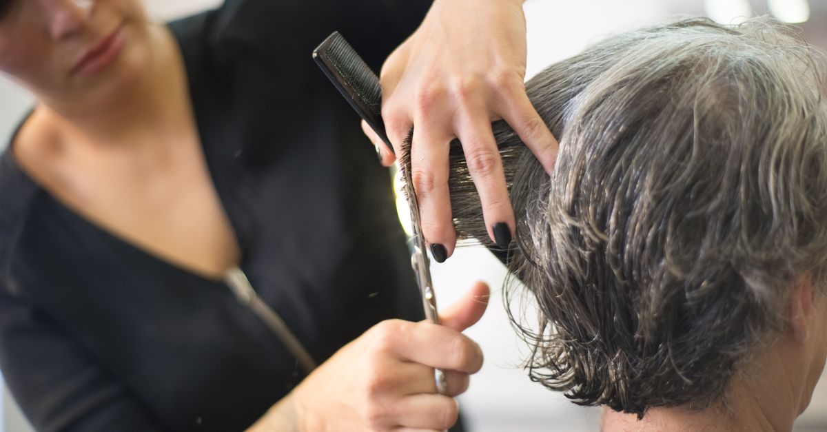 Kapper knipt met een schaar en kam het grijze haar van een klant in een professionele salon
